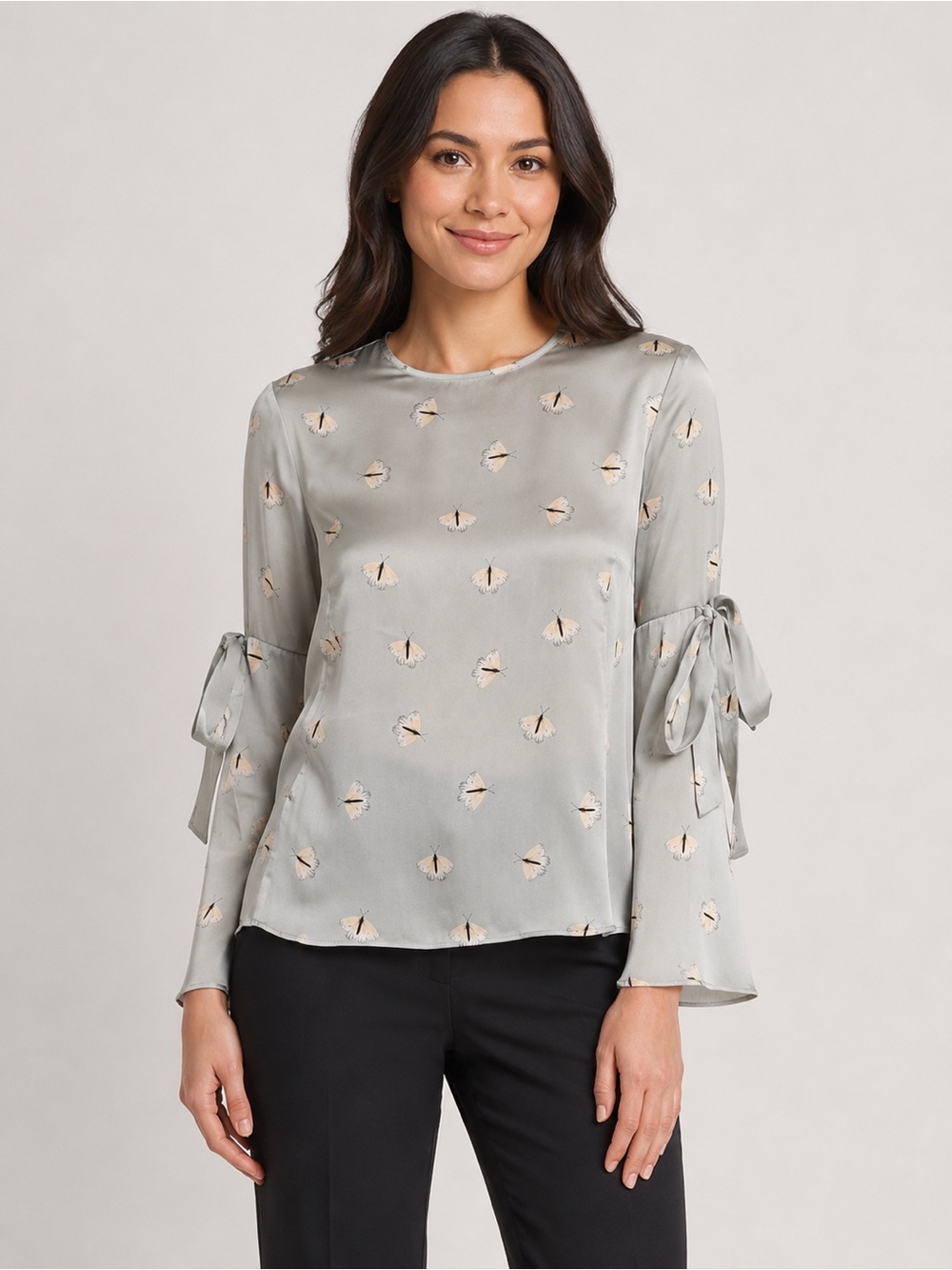 PHILOSOPHY Women’s Gray Butterfly Print Bell Tie Sleeve Blouse Top
